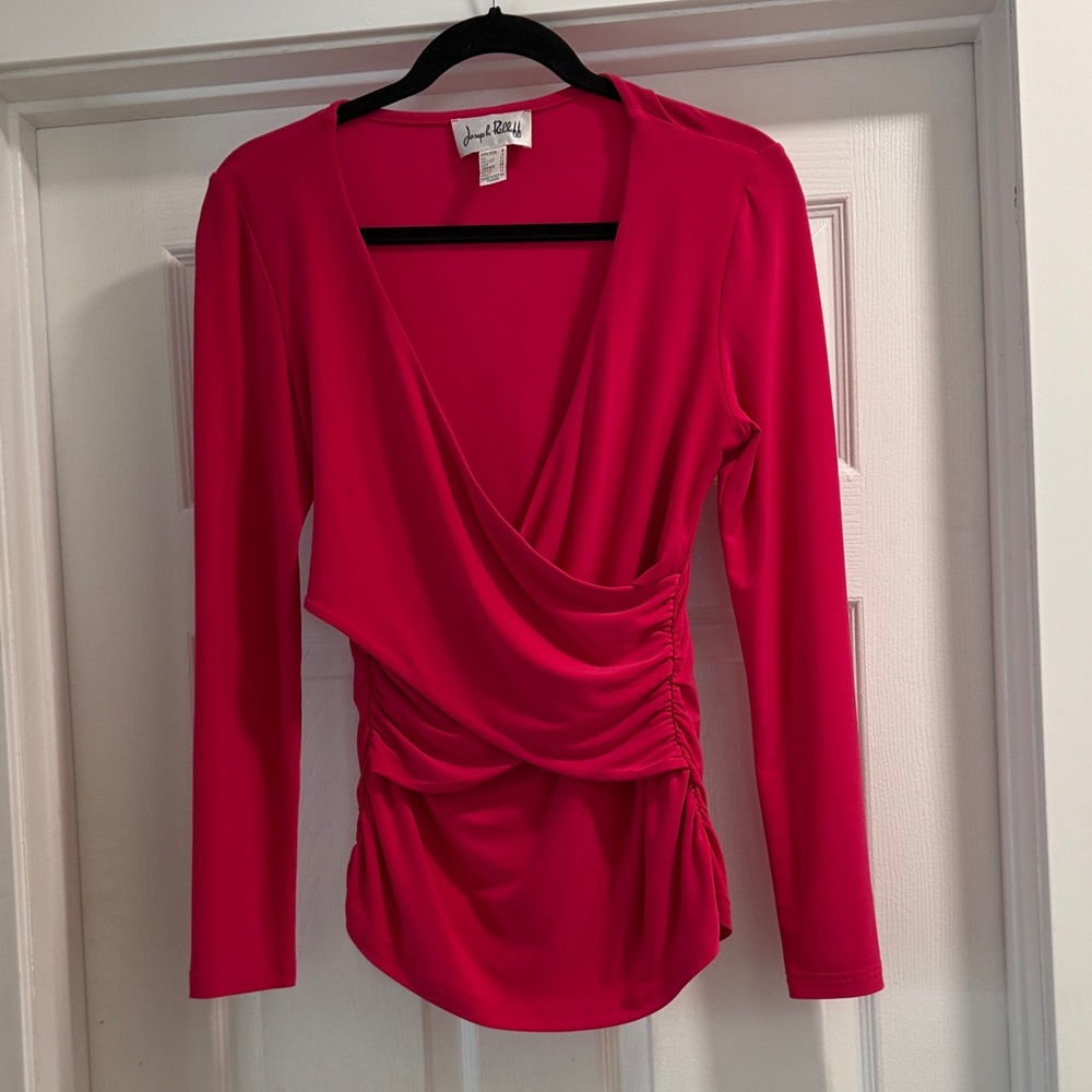 Joseph Ribkoff Red Faux Wrap Slinky Blouse- Wardrobe builder!